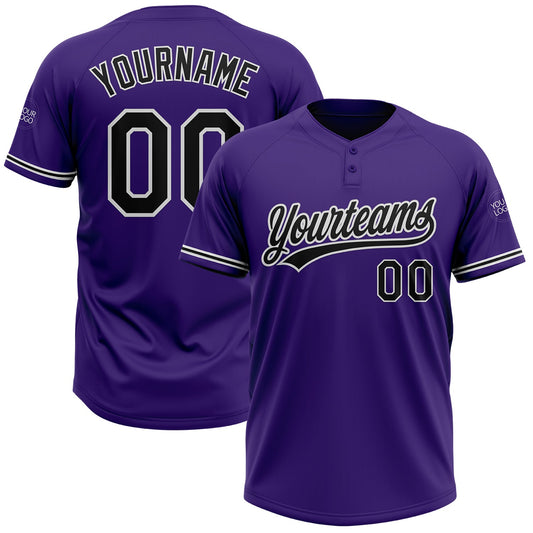 Custom Purple Black-White Two-Button Unisex Softball Jersey - Main View