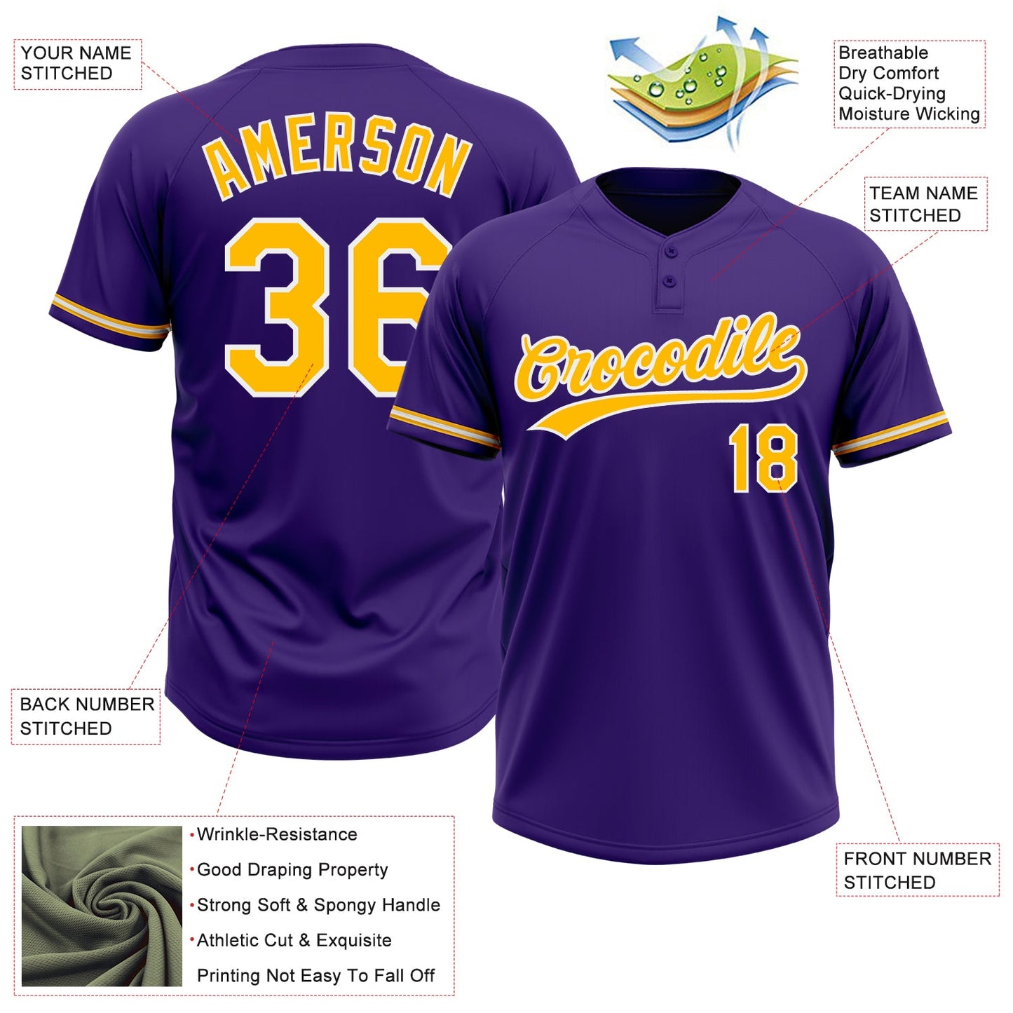 Custom Purple Gold-White Two-Button Unisex Softball Jersey view 3