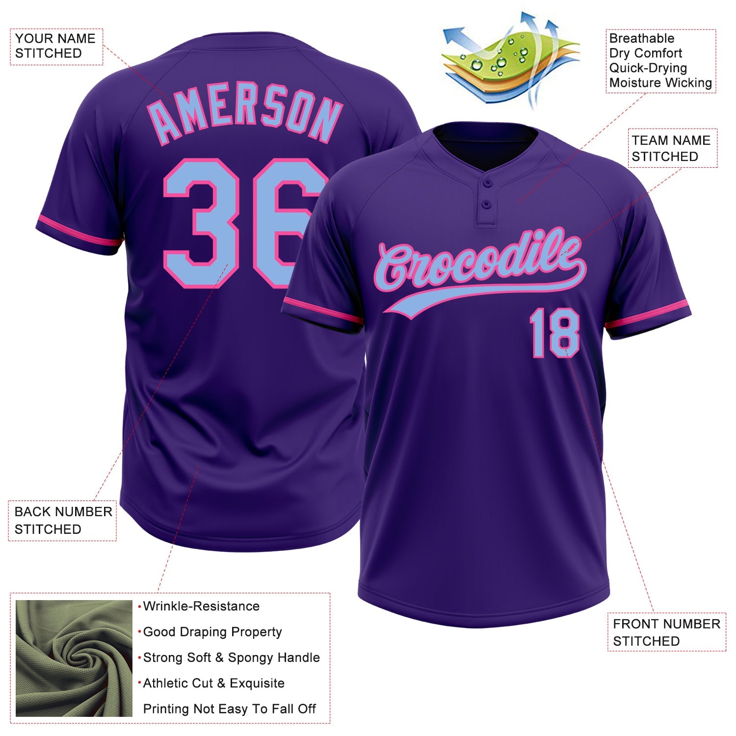 Custom Purple Light Blue-Pink Two-Button Unisex Softball Jersey view 3