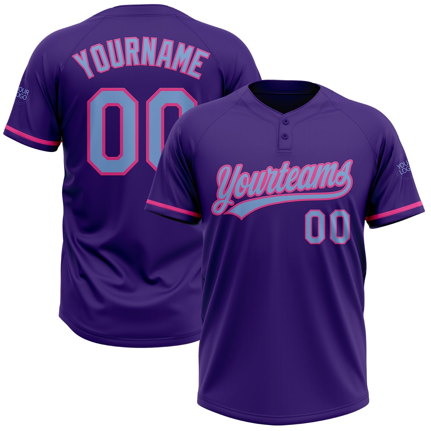 Custom Purple Light Blue-Pink Two-Button Unisex Softball Jersey - Main View