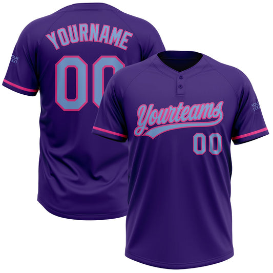 Custom Purple Light Blue-Pink Two-Button Unisex Softball Jersey - Main View