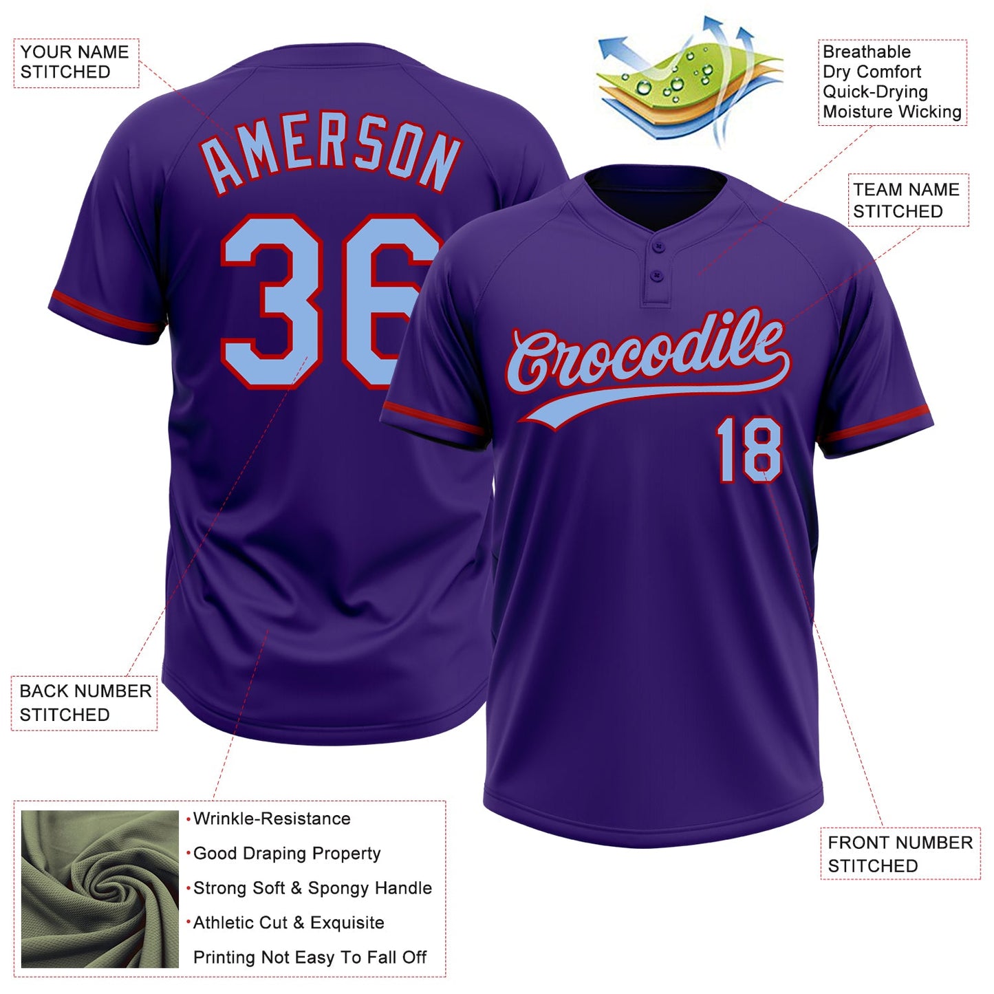 Custom Purple Light Blue-Red Two-Button Unisex Softball Jersey view 3