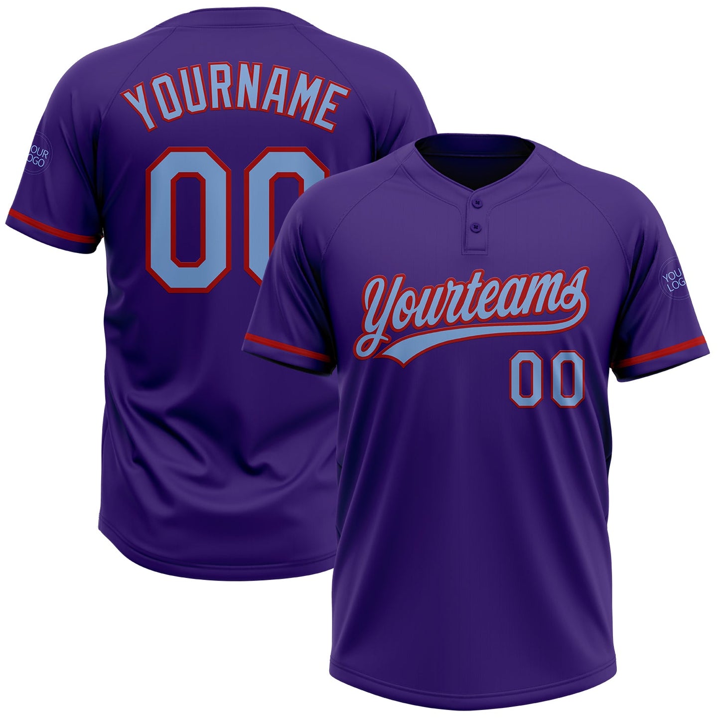 Custom Purple Light Blue-Red Two-Button Unisex Softball Jersey - Main View