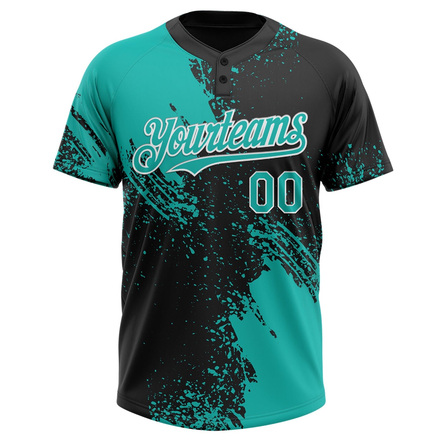 Custom Aqua Black-White 3D Pattern Abstract Brush Stroke Two-Button Unisex Softball Jersey view 2