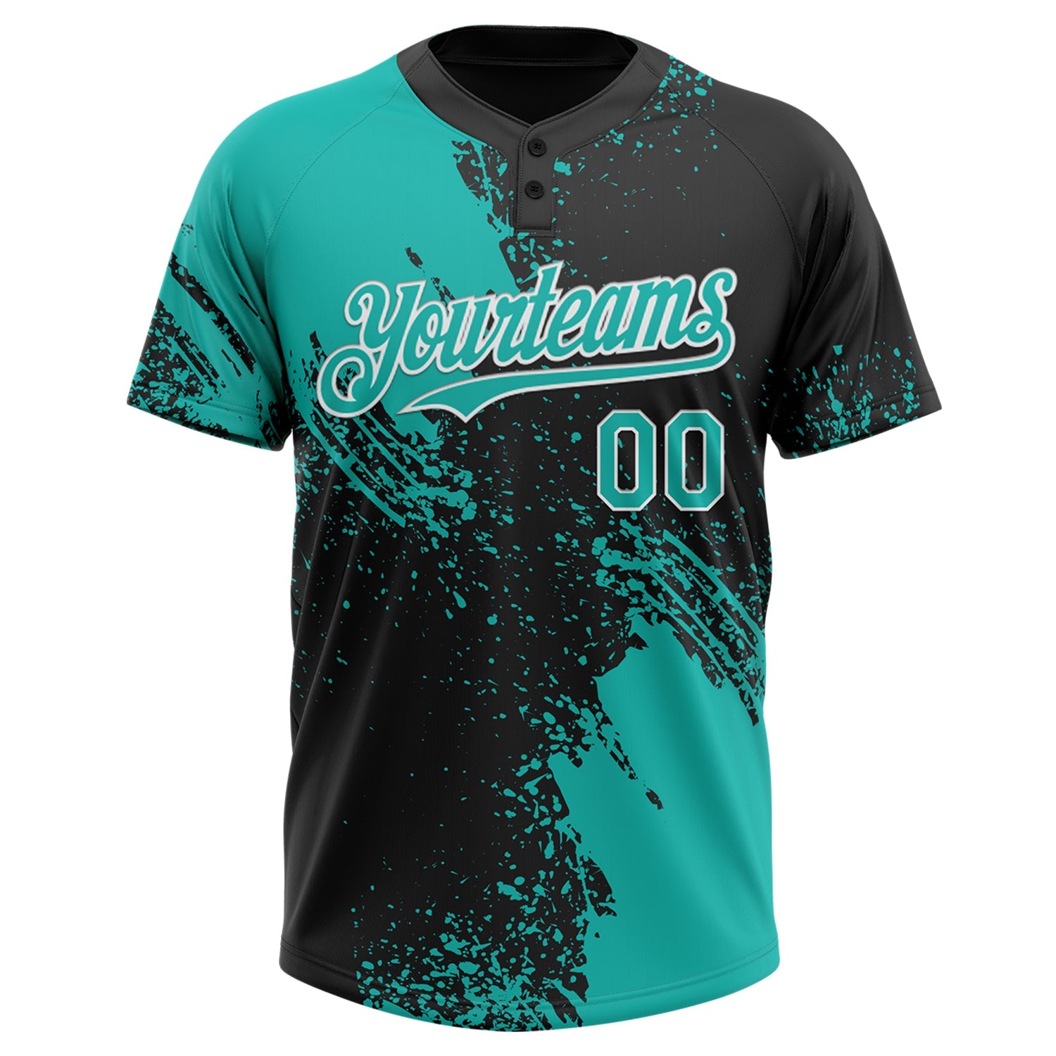 Custom Aqua Black-White 3D Pattern Abstract Brush Stroke Two-Button Unisex Softball Jersey view 2