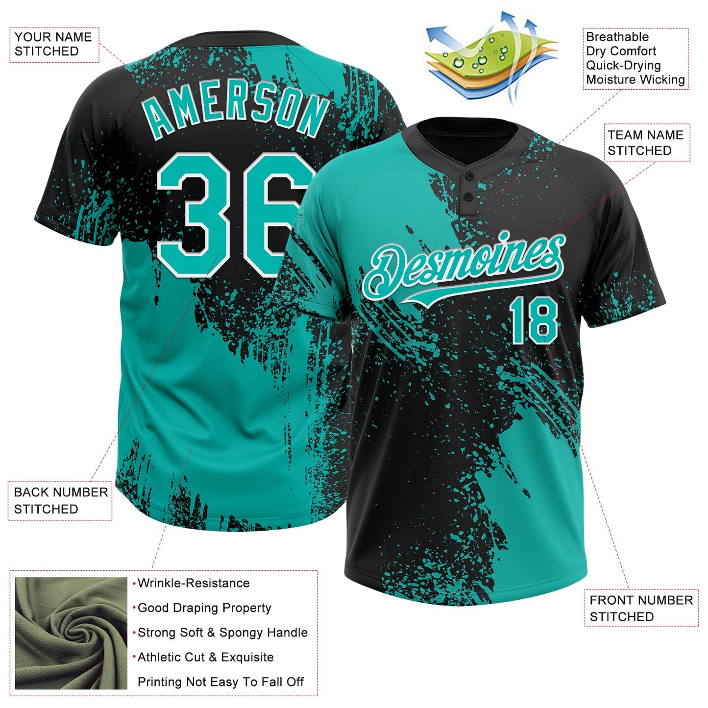 Custom Aqua Black-White 3D Pattern Abstract Brush Stroke Two-Button Unisex Softball Jersey view 3