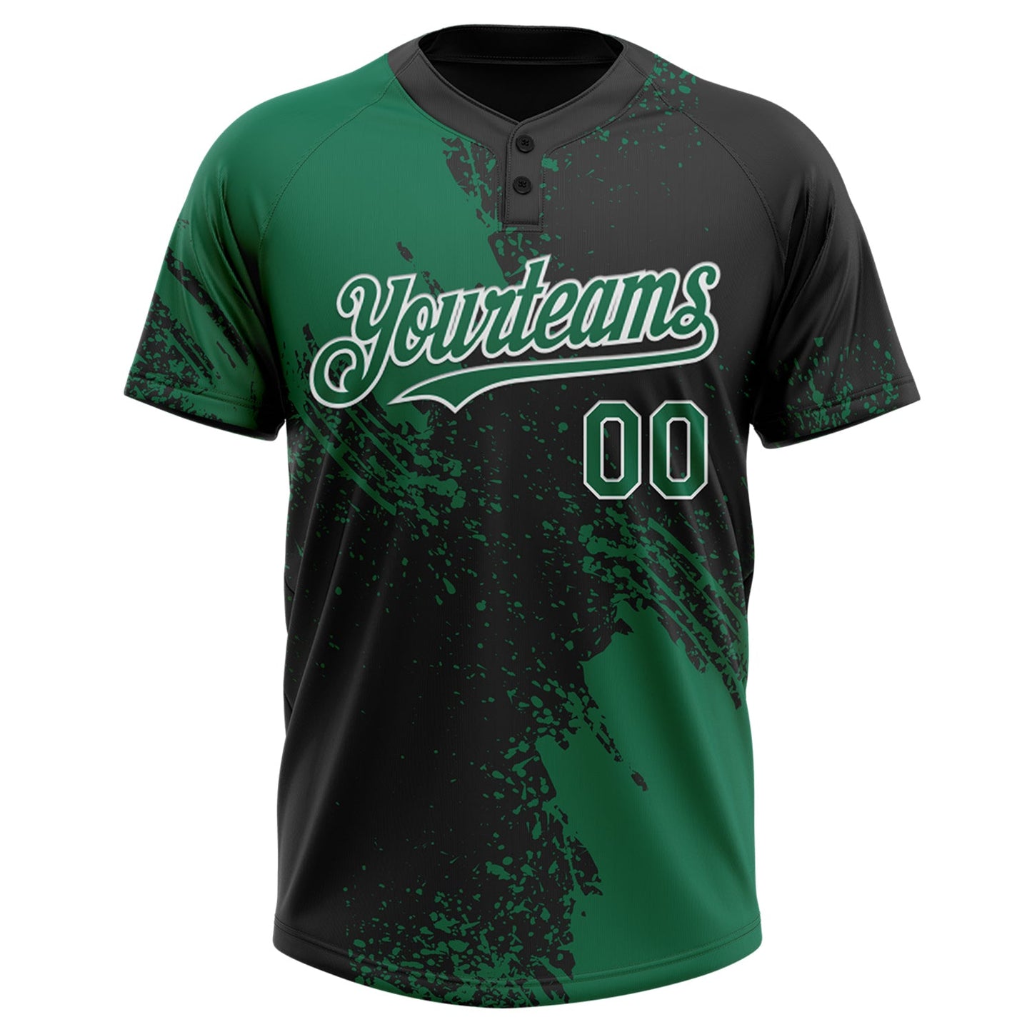 Custom Kelly Green Black-White 3D Pattern Abstract Brush Stroke Two-Button Unisex Softball Jersey view 2