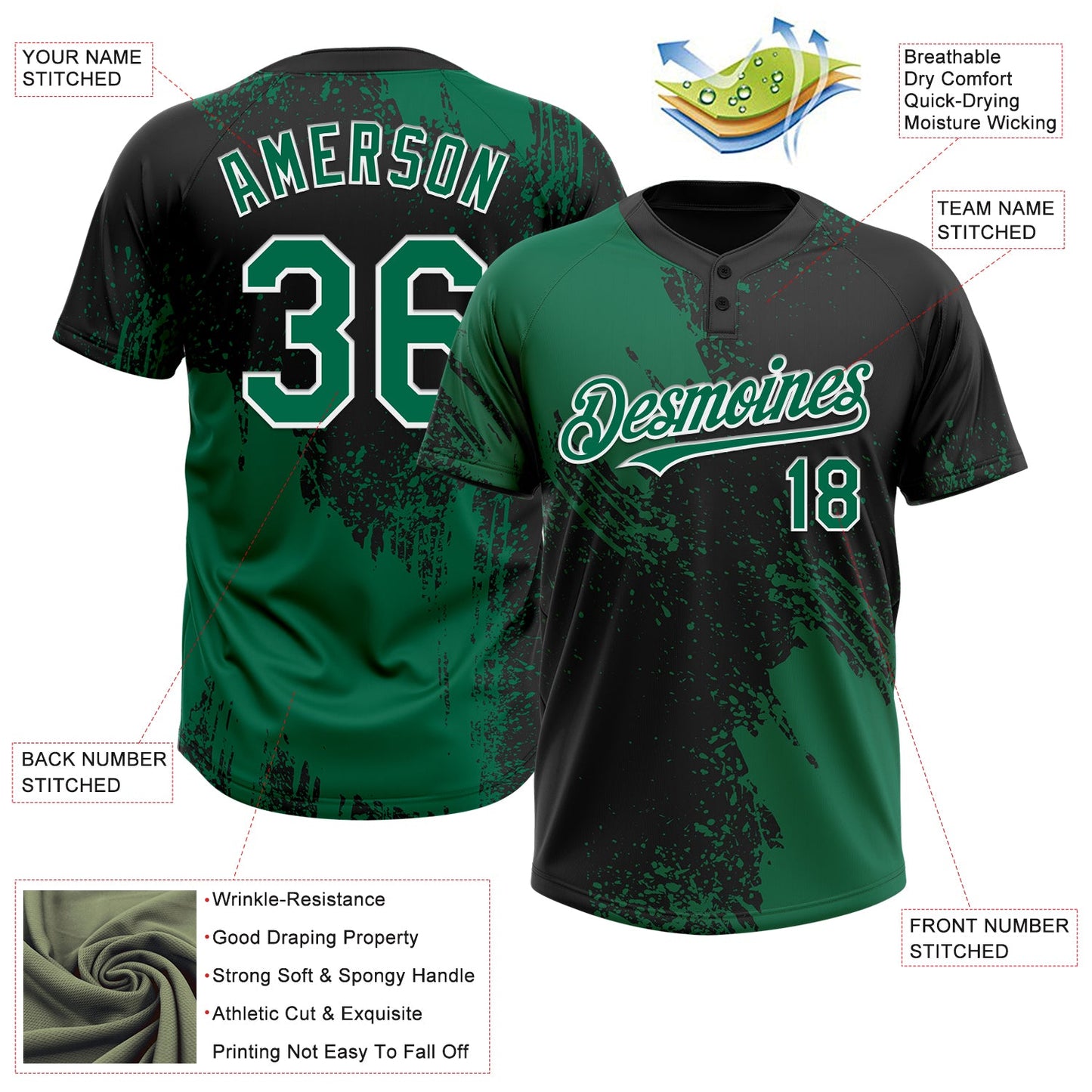 Custom Kelly Green Black-White 3D Pattern Abstract Brush Stroke Two-Button Unisex Softball Jersey view 3