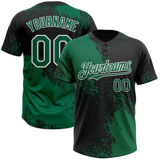 Custom Kelly Green Black-White 3D Pattern Abstract Brush Stroke Two-Button Unisex Softball Jersey - Main View