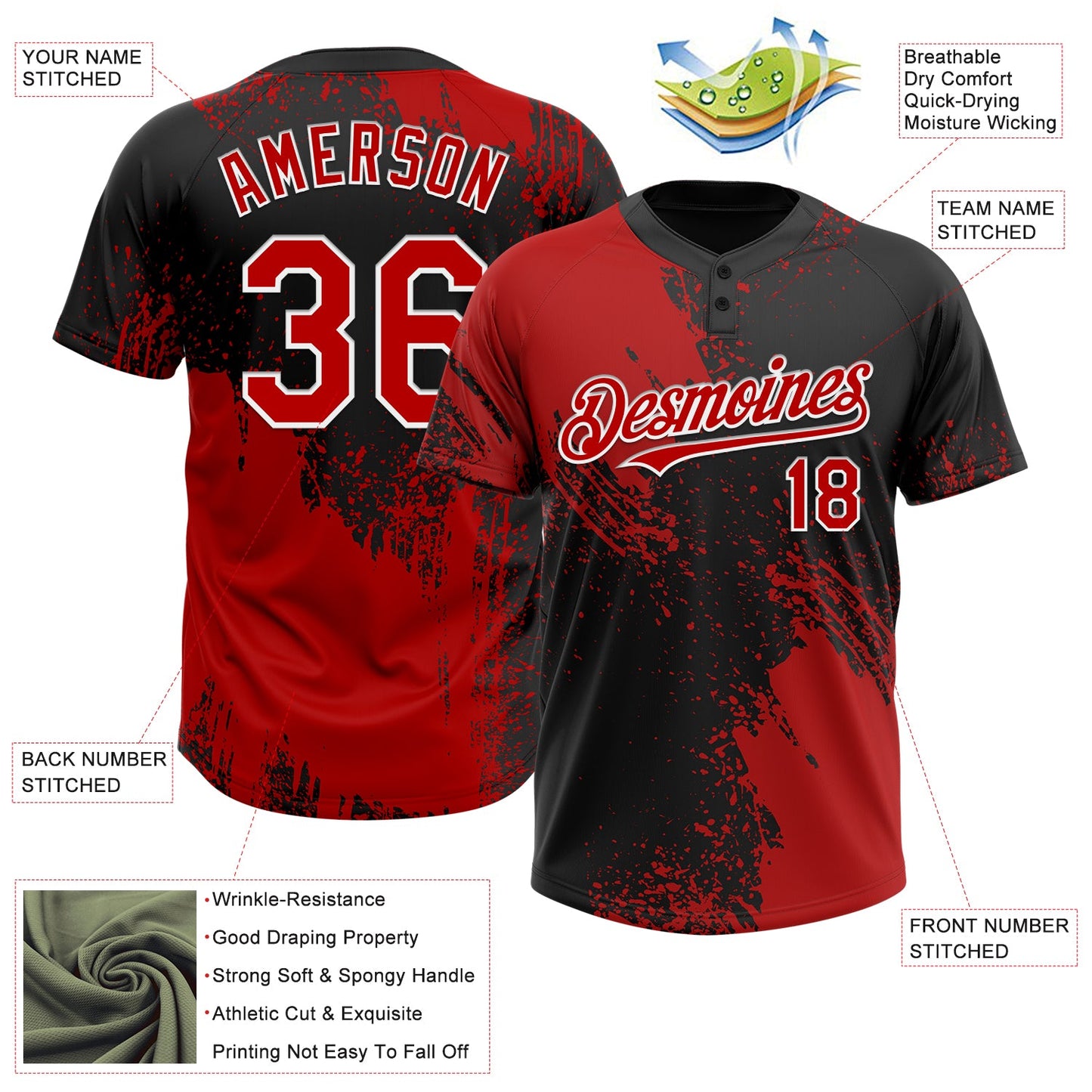 Custom Red Black-White 3D Pattern Abstract Brush Stroke Two-Button Unisex Softball Jersey view 3