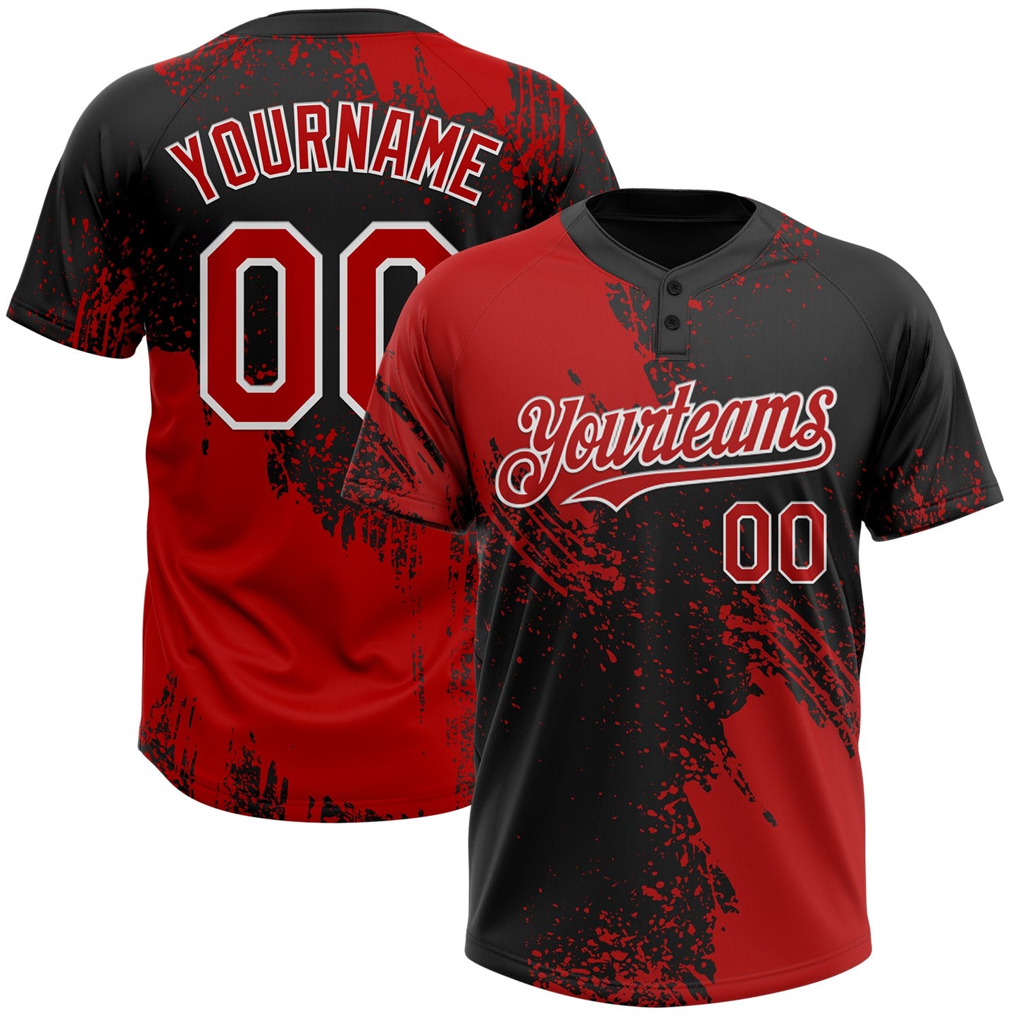 Custom Red Black-White 3D Pattern Abstract Brush Stroke Two-Button Unisex Softball Jersey - Main View