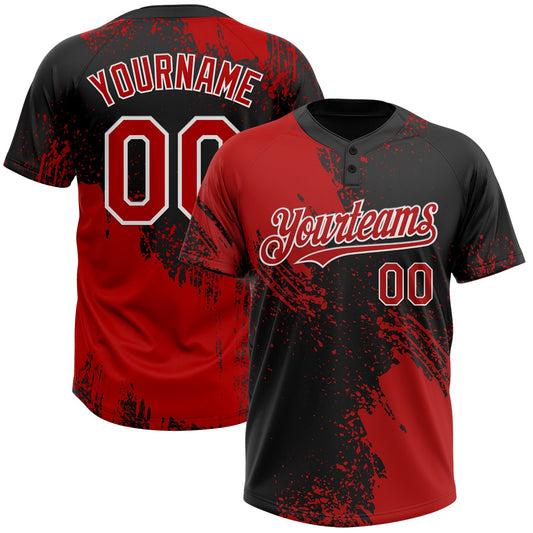Custom Red Black-White 3D Pattern Abstract Brush Stroke Two-Button Unisex Softball Jersey - Main View