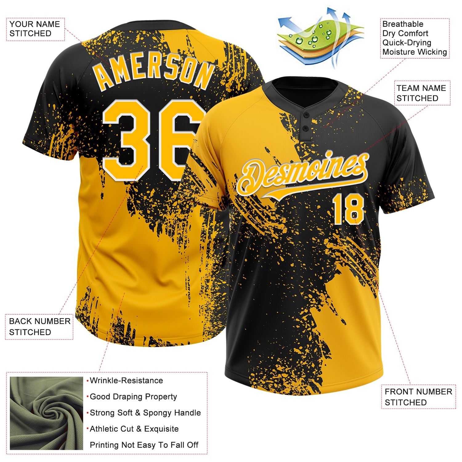 Custom Gold Black-White 3D Pattern Abstract Brush Stroke Two-Button Unisex Softball Jersey view 3