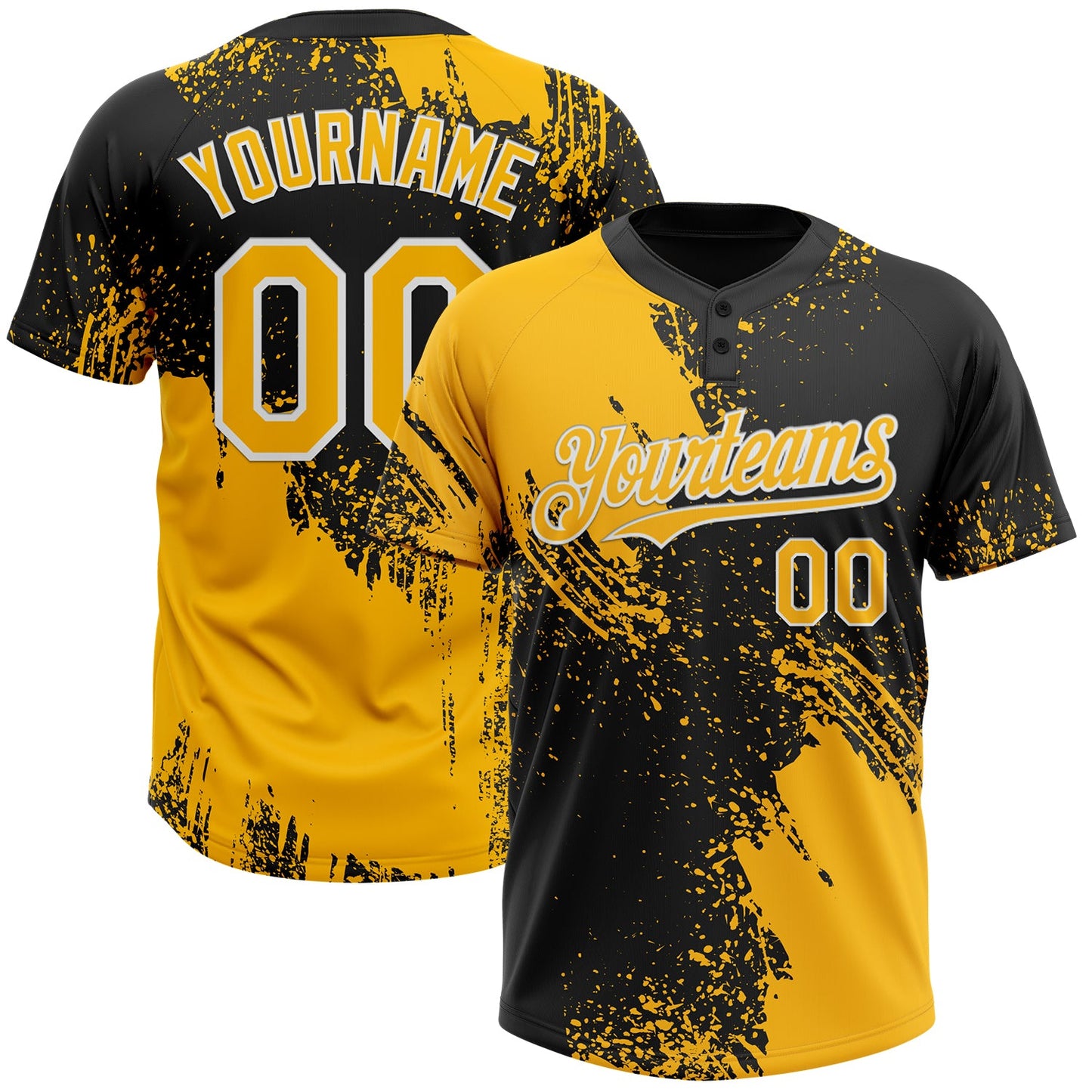 Custom Gold Black-White 3D Pattern Abstract Brush Stroke Two-Button Unisex Softball Jersey - Main View