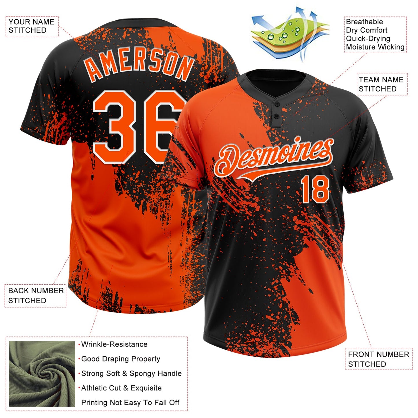 Custom Orange Black-White 3D Pattern Abstract Brush Stroke Two-Button Unisex Softball Jersey view 3
