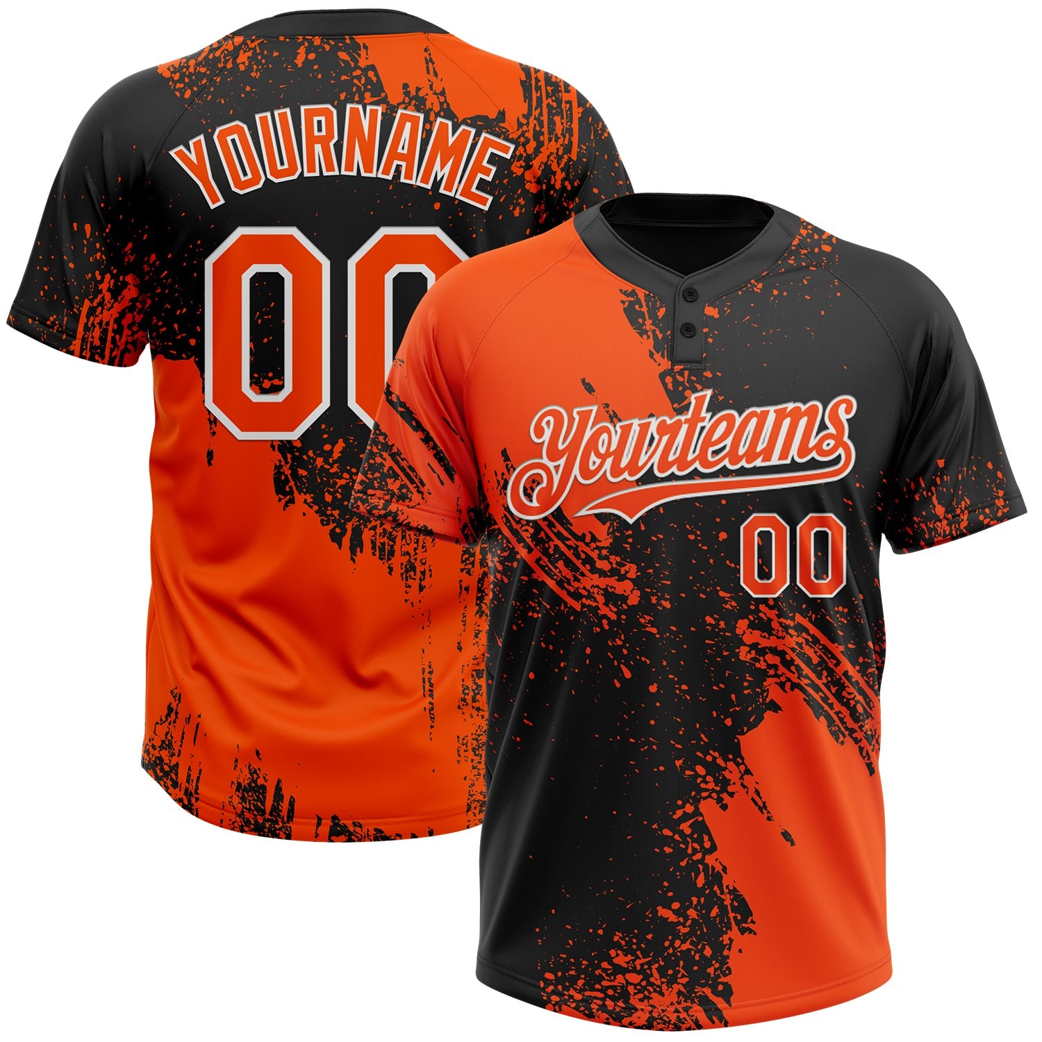 Custom Orange Black-White 3D Pattern Abstract Brush Stroke Two-Button Unisex Softball Jersey - Main View