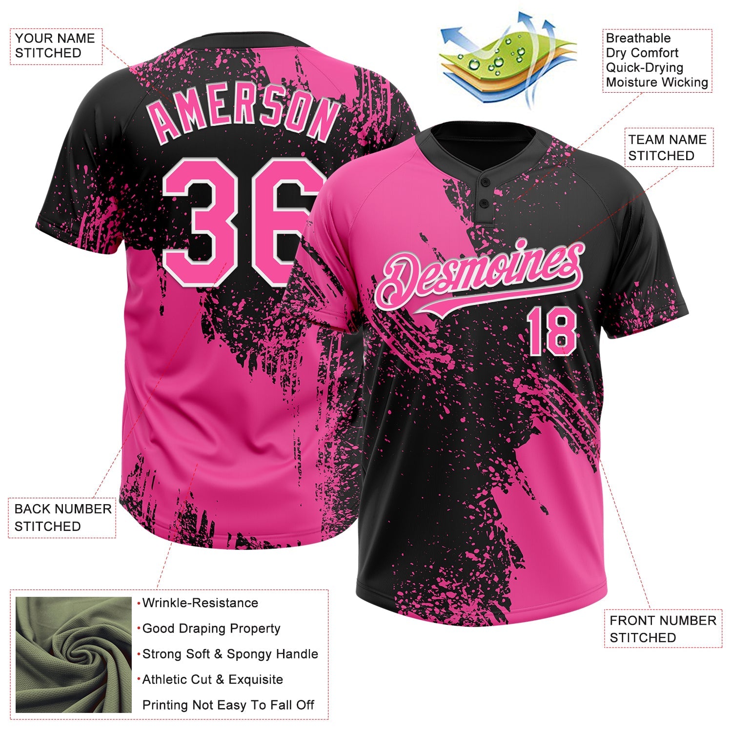 Custom Pink Black-White 3D Pattern Abstract Brush Stroke Two-Button Unisex Softball Jersey view 3