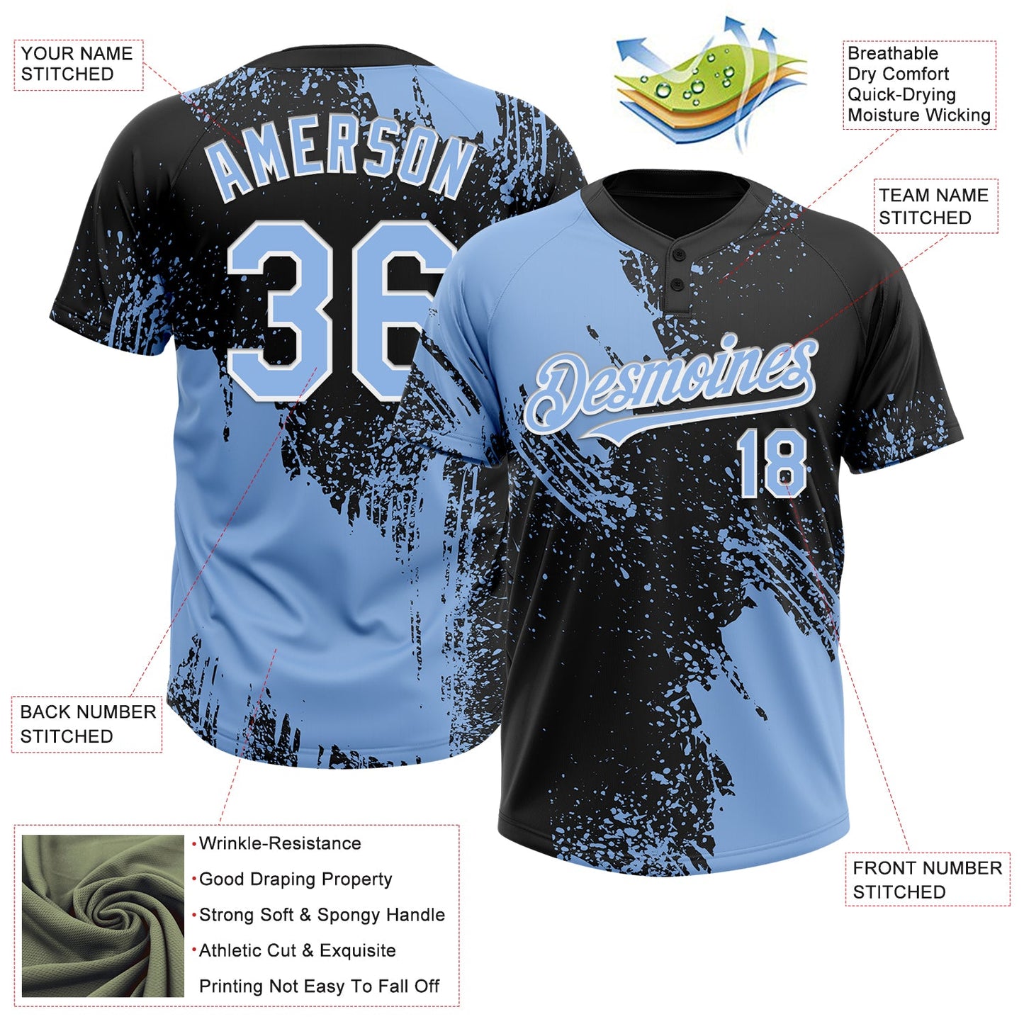 Custom Light Blue Black-White 3D Pattern Abstract Brush Stroke Two-Button Unisex Softball Jersey view 3