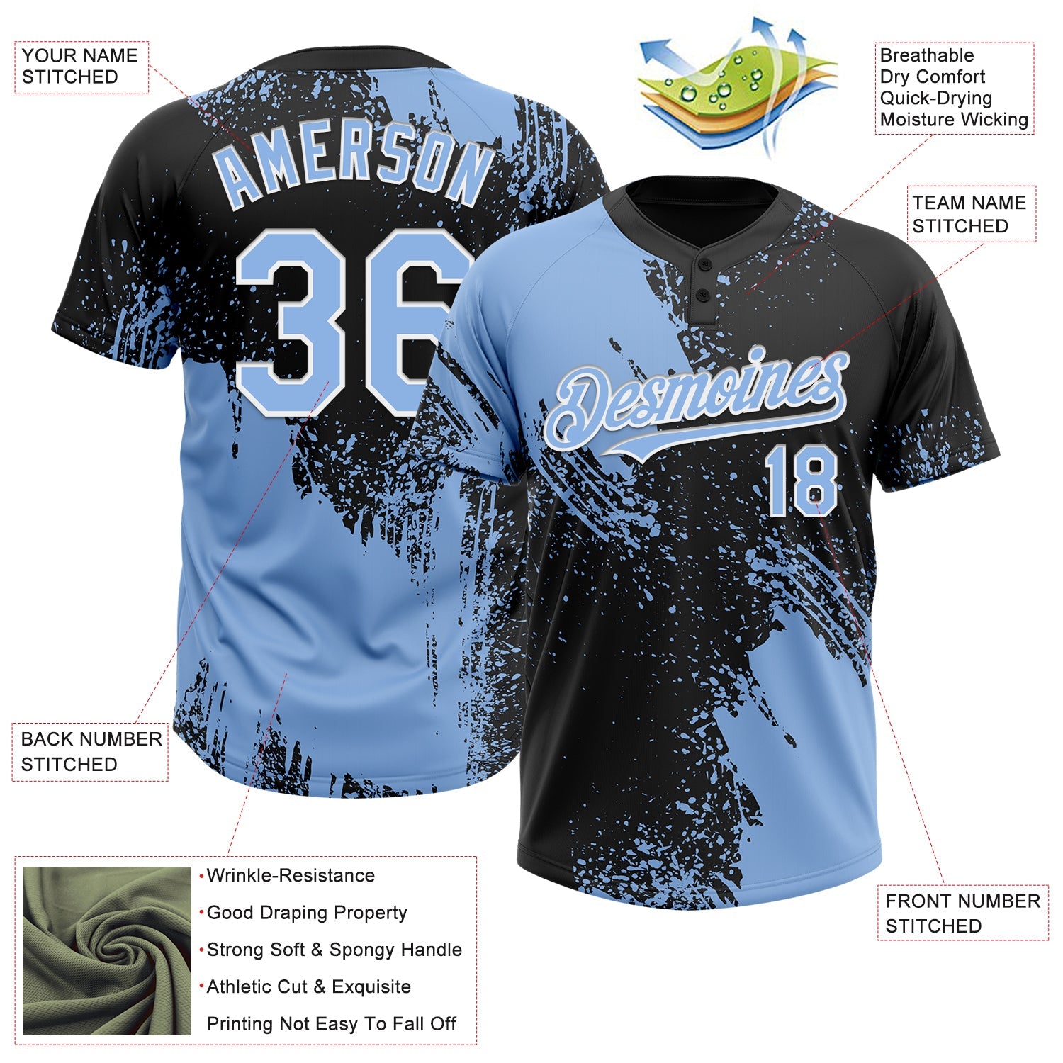 Custom Light Blue Black-White 3D Pattern Abstract Brush Stroke Two-Button Unisex Softball Jersey view 3