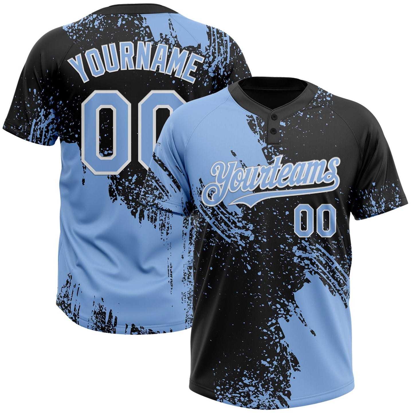 Custom Light Blue Black-White 3D Pattern Abstract Brush Stroke Two-Button Unisex Softball Jersey - Main View