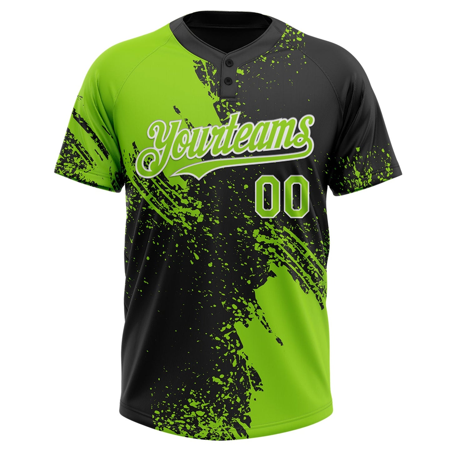 Custom Neon Green Black-White 3D Pattern Abstract Brush Stroke Two-Button Unisex Softball Jersey view 2