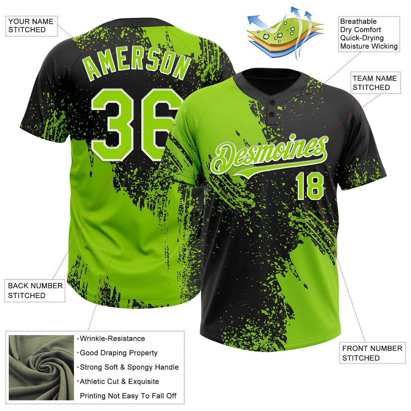 Custom Neon Green Black-White 3D Pattern Abstract Brush Stroke Two-Button Unisex Softball Jersey view 3