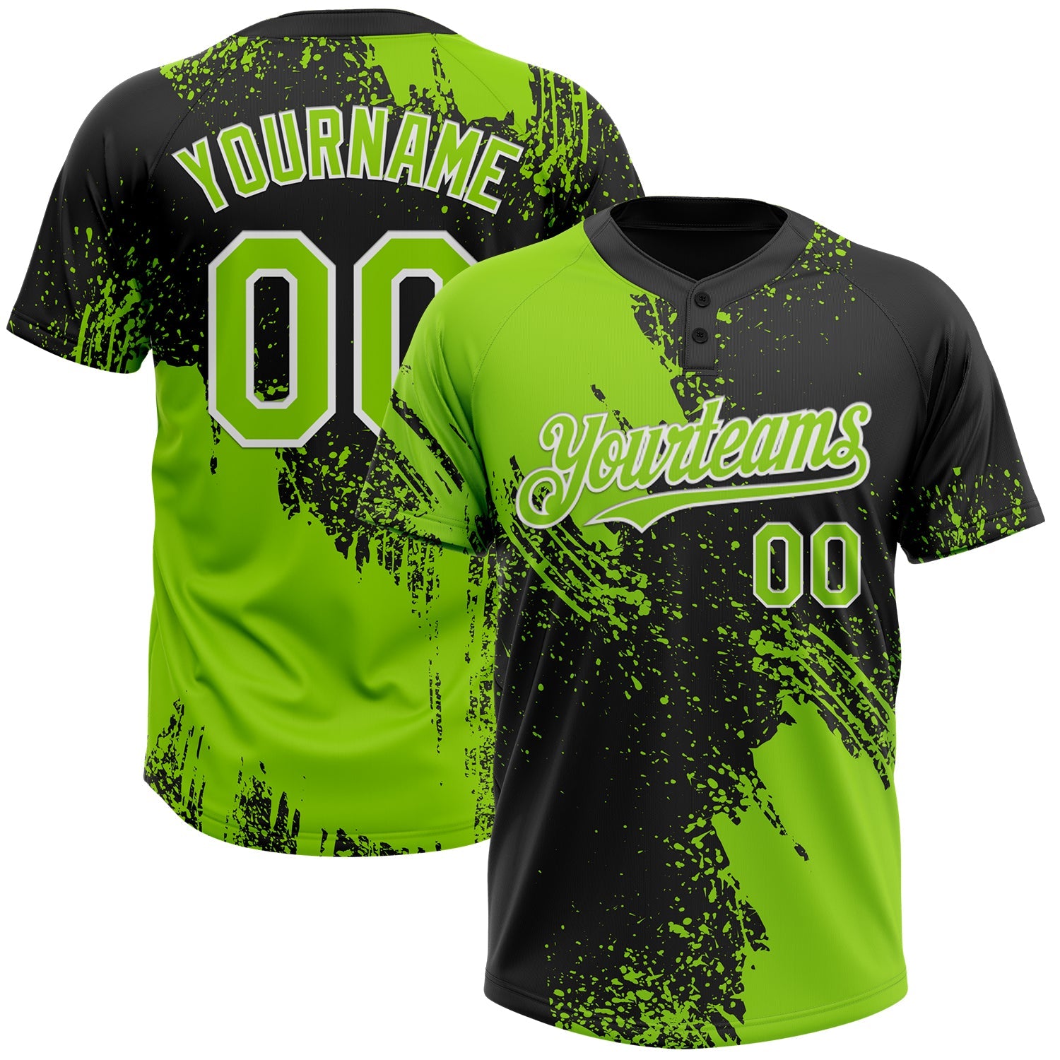 Custom Neon Green Black-White 3D Pattern Abstract Brush Stroke Two-Button Unisex Softball Jersey - Main View