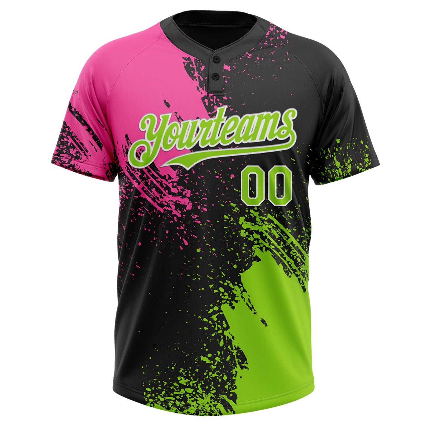 Custom Black Neon Green-Pink 3D Pattern Abstract Brush Stroke Two-Button Unisex Softball Jersey view 2