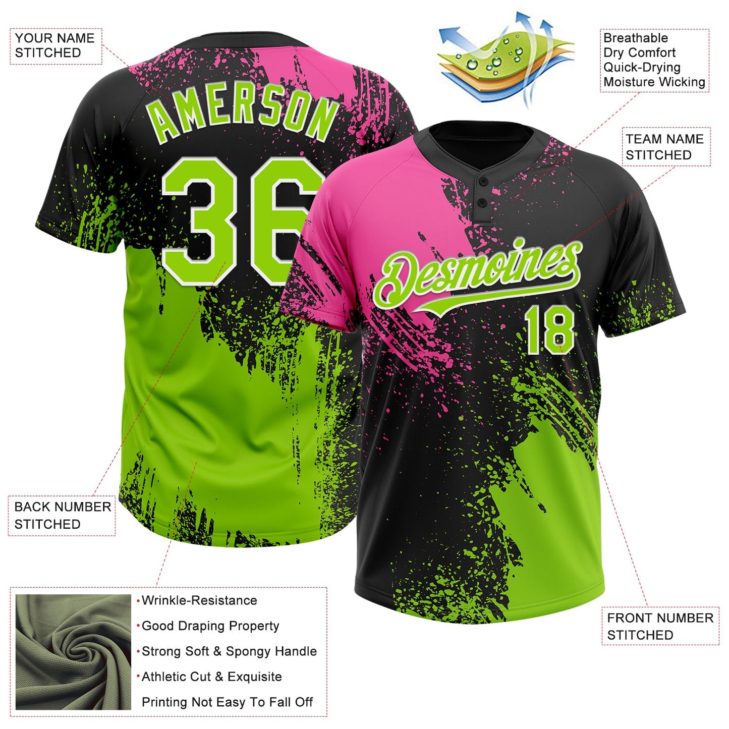 Custom Black Neon Green-Pink 3D Pattern Abstract Brush Stroke Two-Button Unisex Softball Jersey view 3