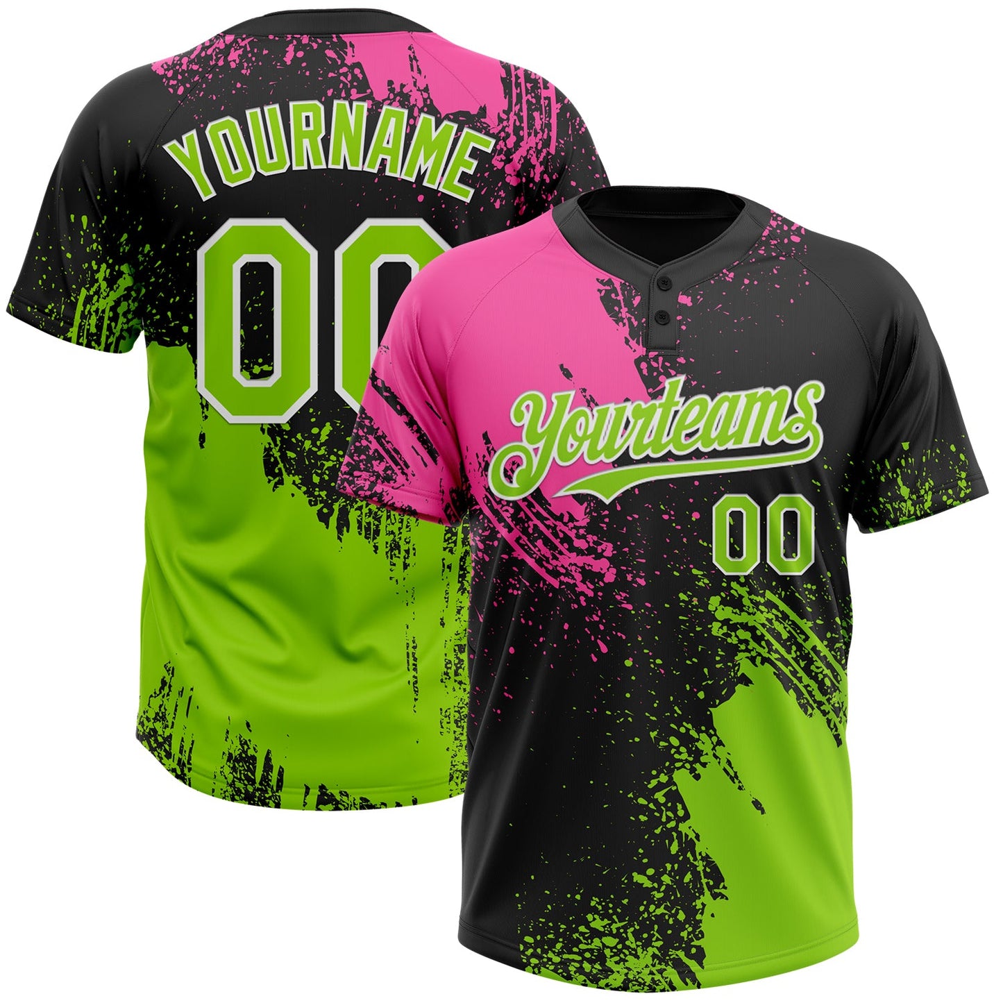 Custom Black Neon Green-Pink 3D Pattern Abstract Brush Stroke Two-Button Unisex Softball Jersey - Main View