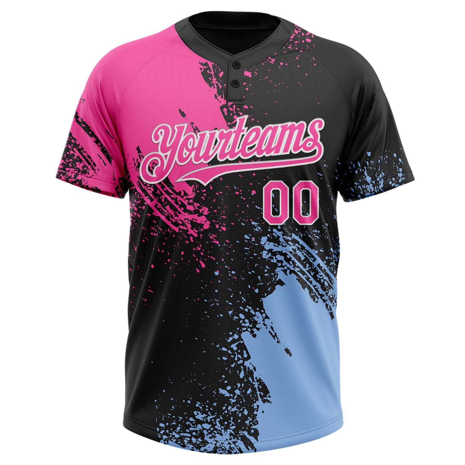 Custom Black Pink-Light Blue 3D Pattern Abstract Brush Stroke Two-Button Unisex Softball Jersey view 2