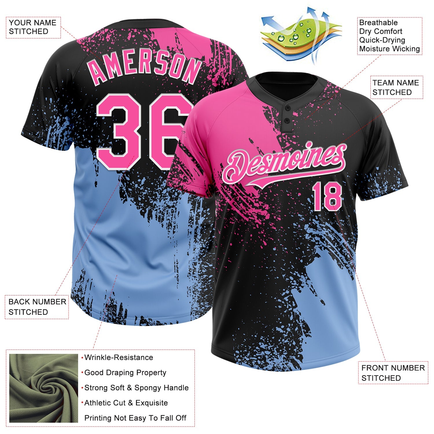 Custom Black Pink-Light Blue 3D Pattern Abstract Brush Stroke Two-Button Unisex Softball Jersey view 3