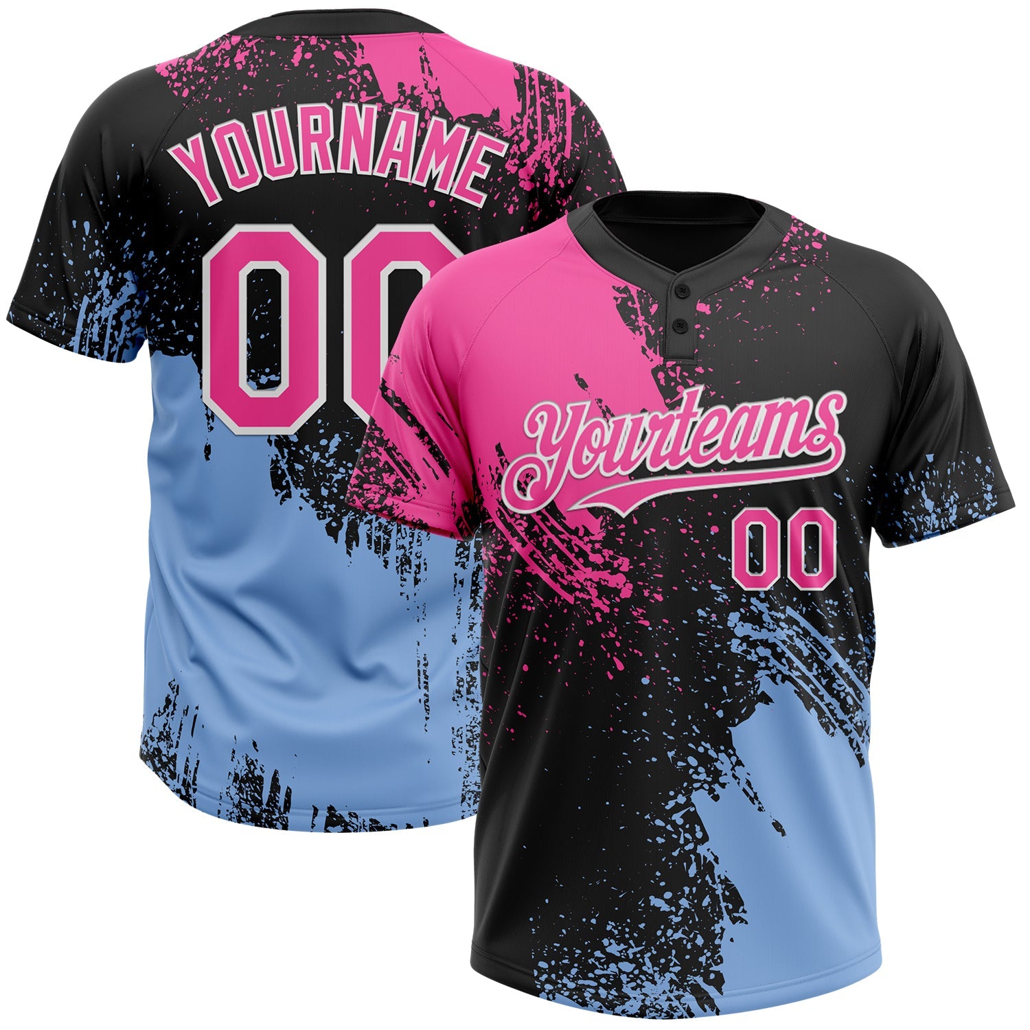 Custom Black Pink-Light Blue 3D Pattern Abstract Brush Stroke Two-Button Unisex Softball Jersey - Main View
