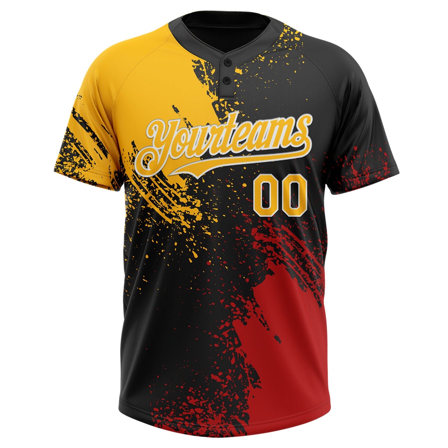 Custom Black Gold-Red 3D Pattern Abstract Brush Stroke Two-Button Unisex Softball Jersey view 2