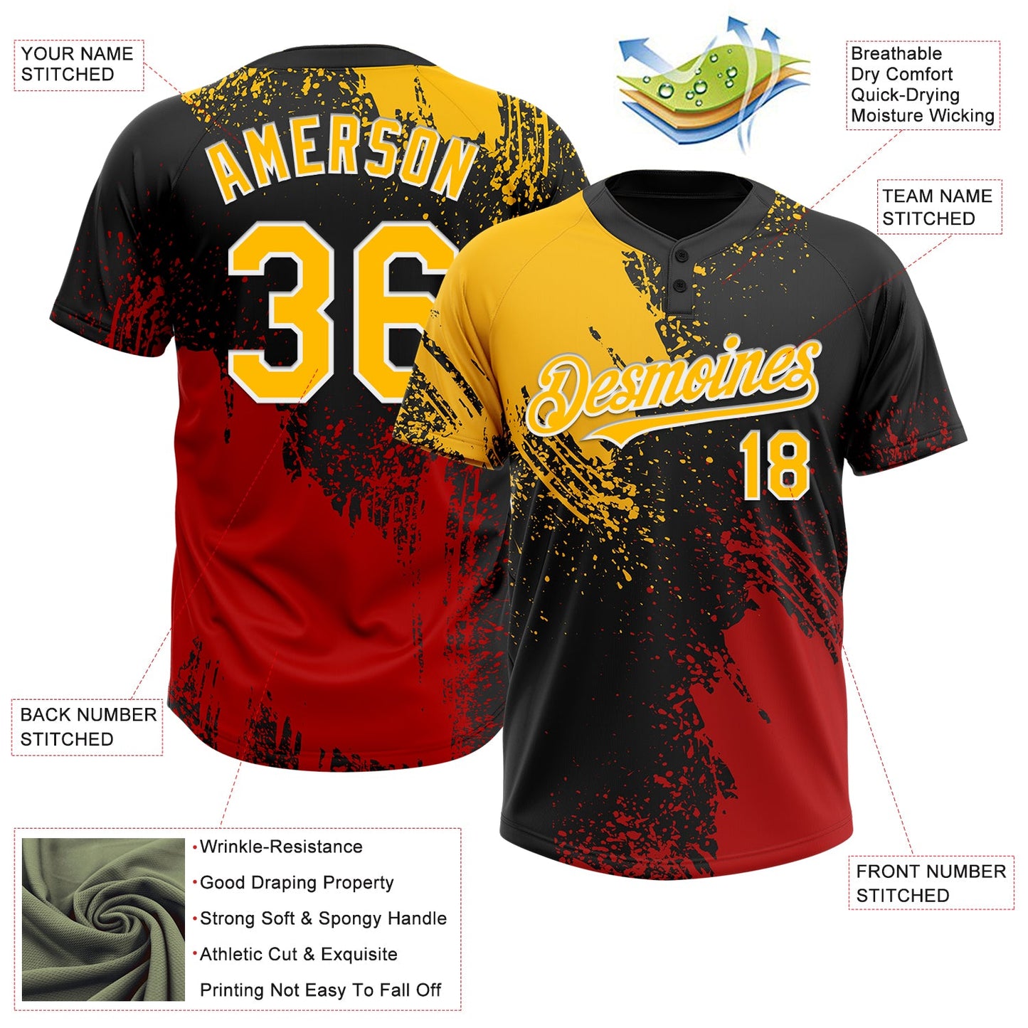 Custom Black Gold-Red 3D Pattern Abstract Brush Stroke Two-Button Unisex Softball Jersey view 3