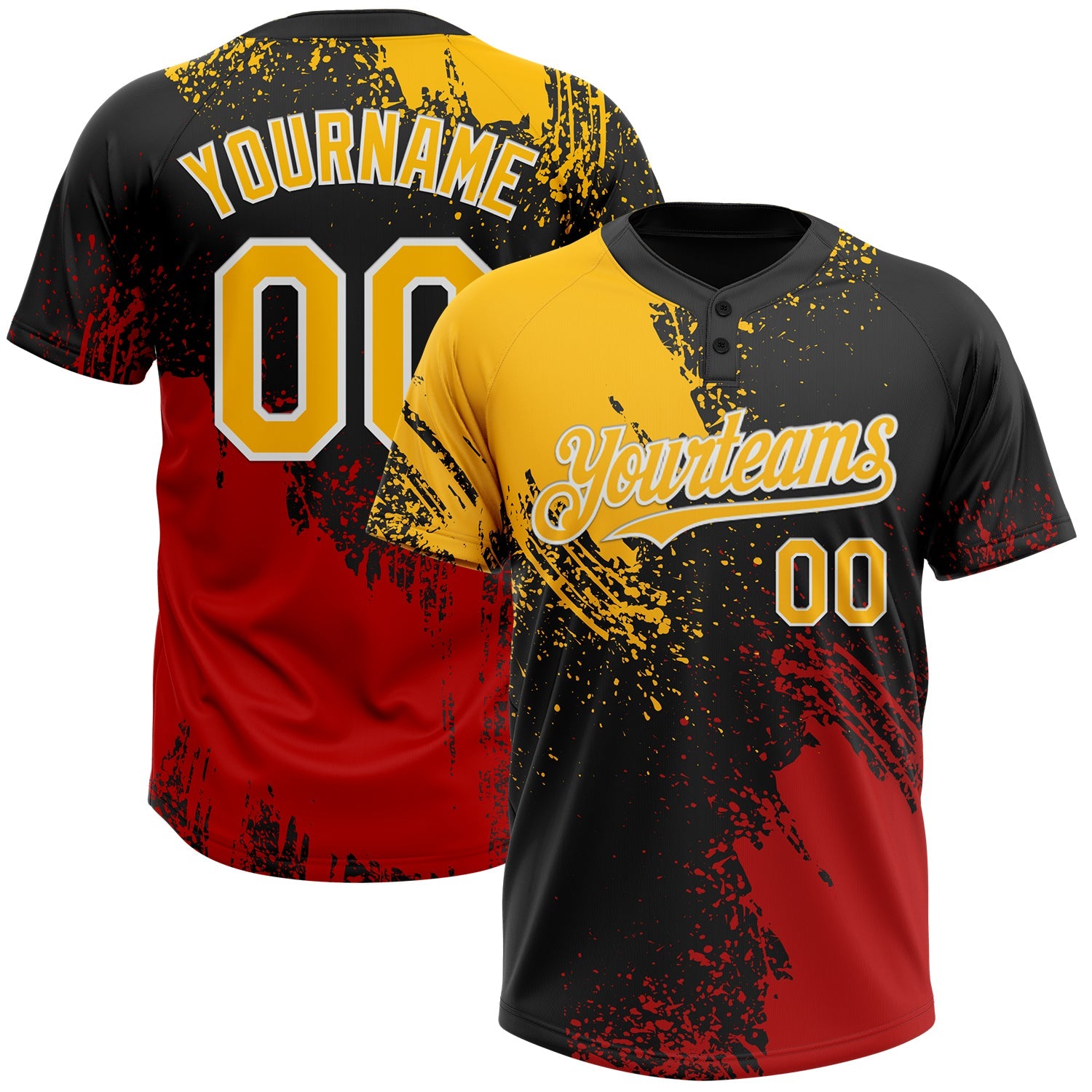 Custom Black Gold-Red 3D Pattern Abstract Brush Stroke Two-Button Unisex Softball Jersey - Main View