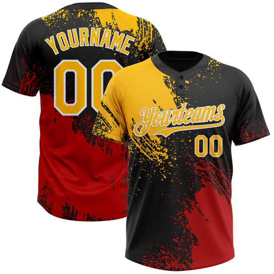 Custom Black Gold-Red 3D Pattern Abstract Brush Stroke Two-Button Unisex Softball Jersey - Main View