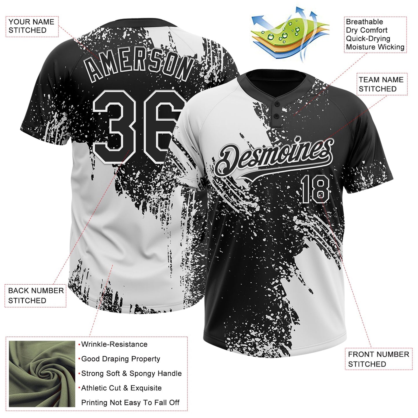 Custom White Black 3D Pattern Abstract Brush Stroke Two-Button Unisex Softball Jersey view 3