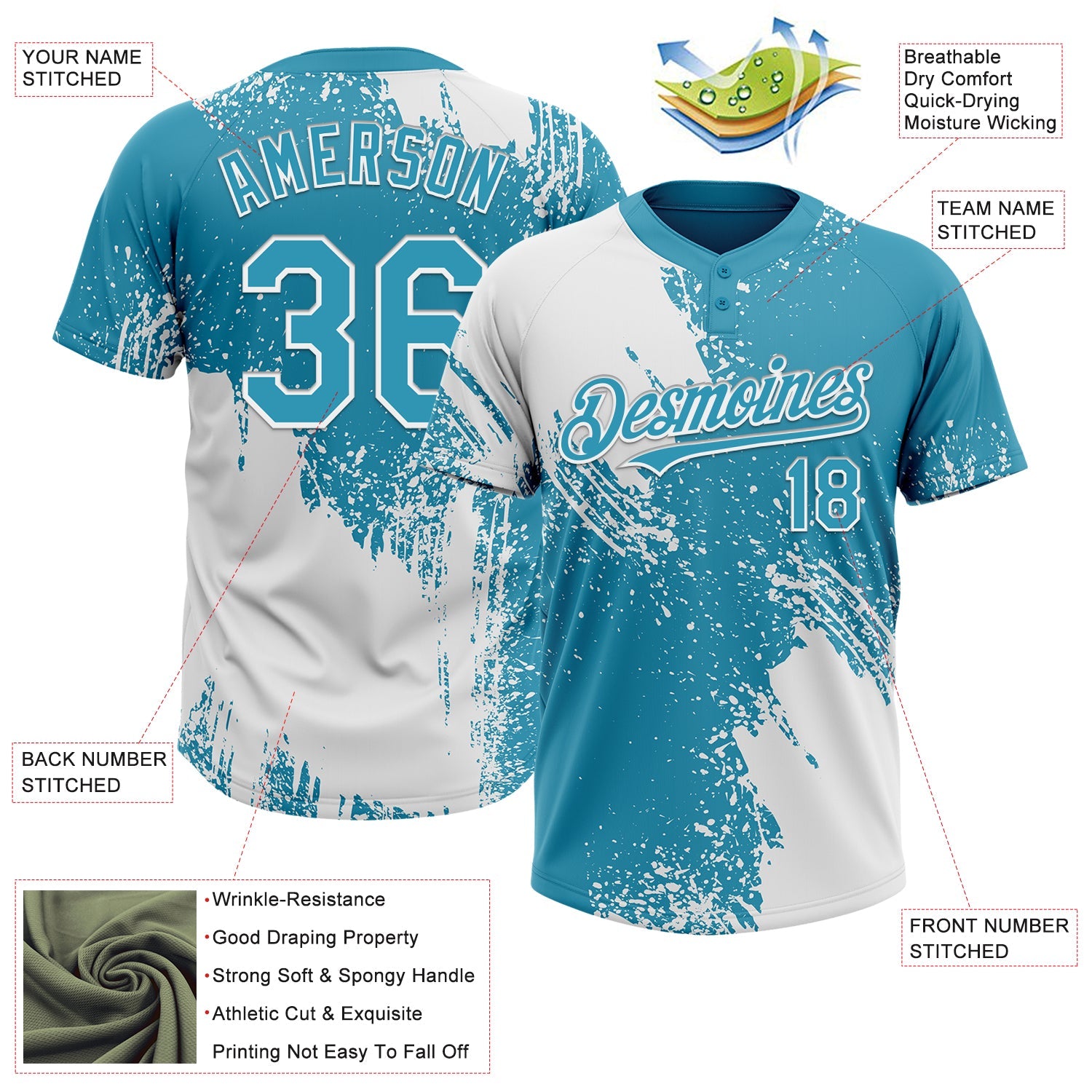 Custom White Panther Blue 3D Pattern Abstract Brush Stroke Two-Button Unisex Softball Jersey view 3