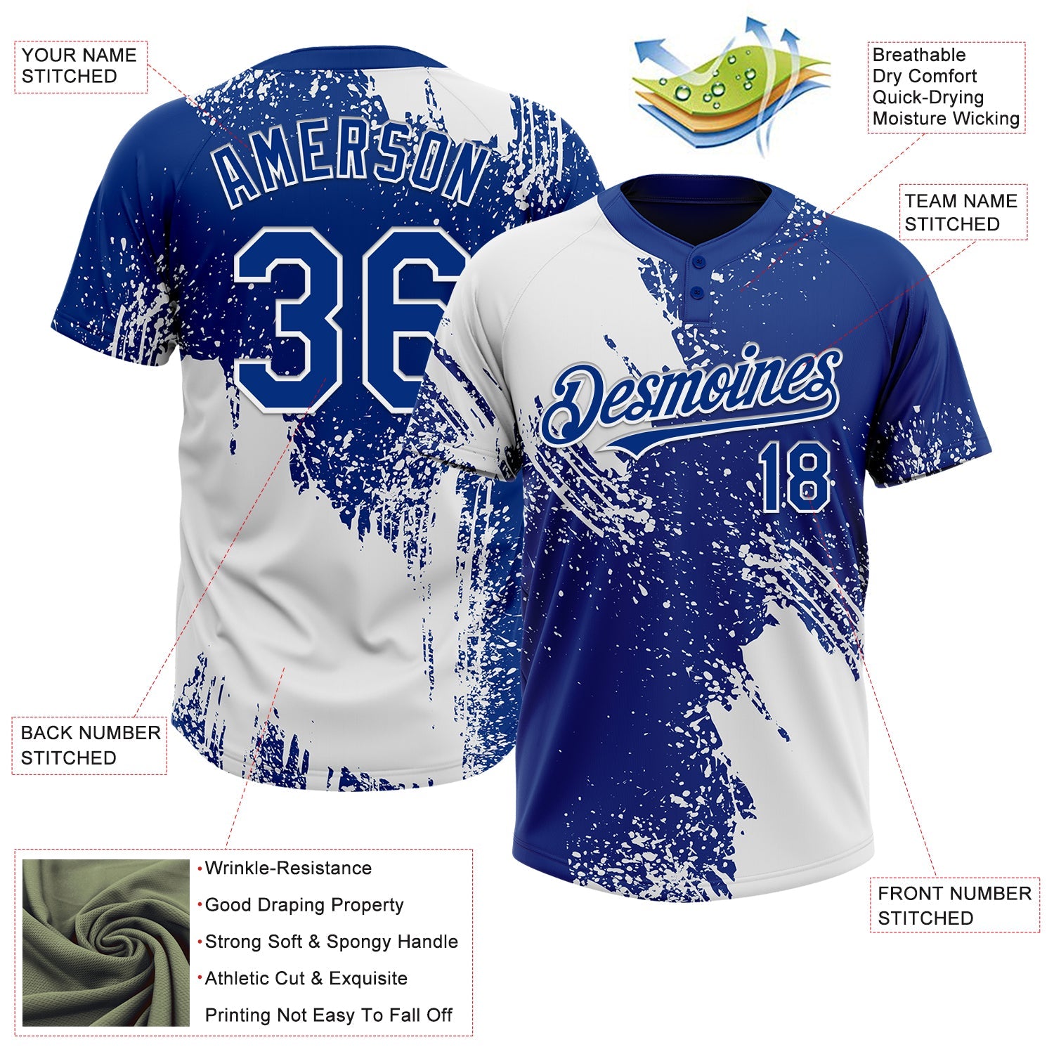Custom White Royal 3D Pattern Abstract Brush Stroke Two-Button Unisex Softball Jersey view 3