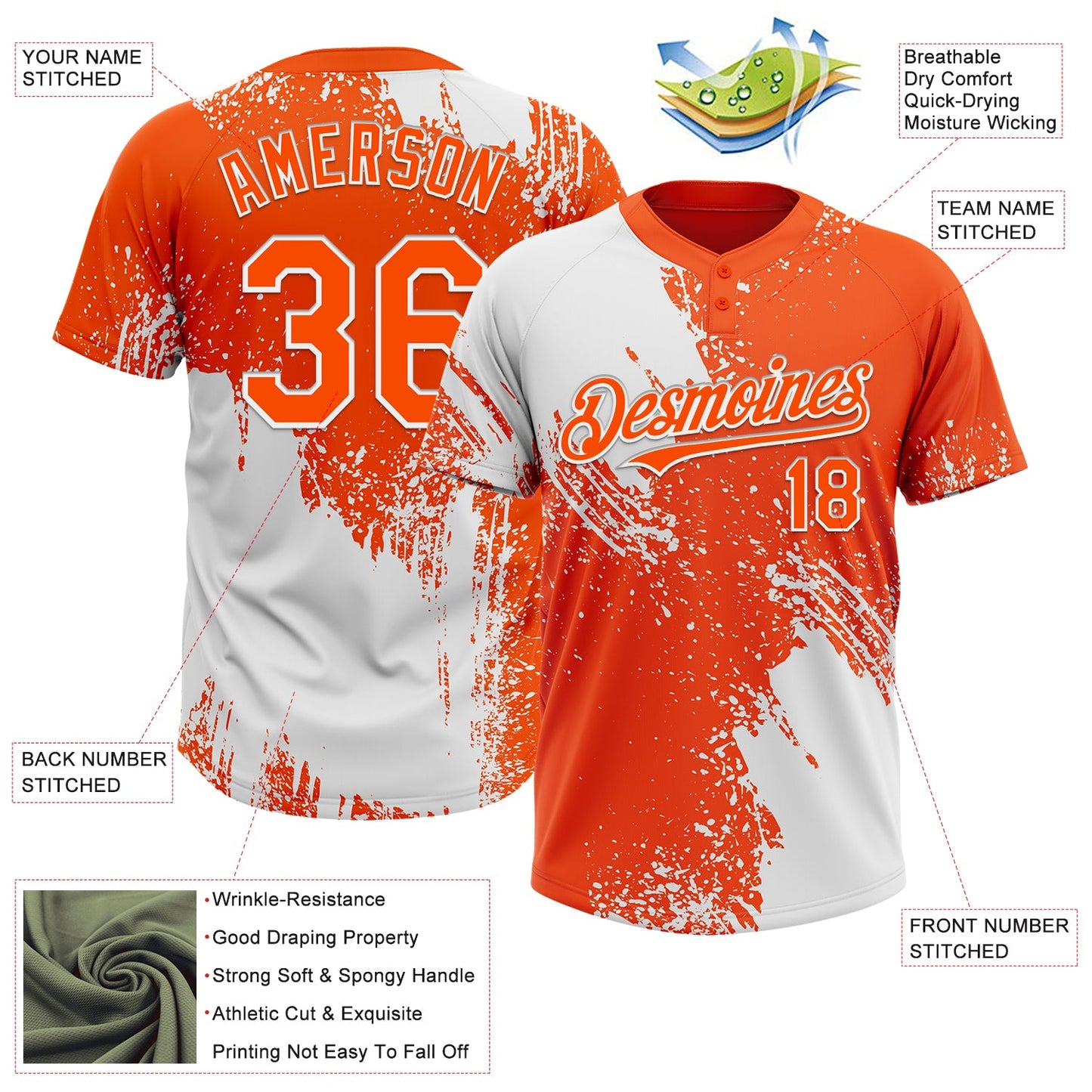 Custom White Orange 3D Pattern Abstract Brush Stroke Two-Button Unisex Softball Jersey view 3