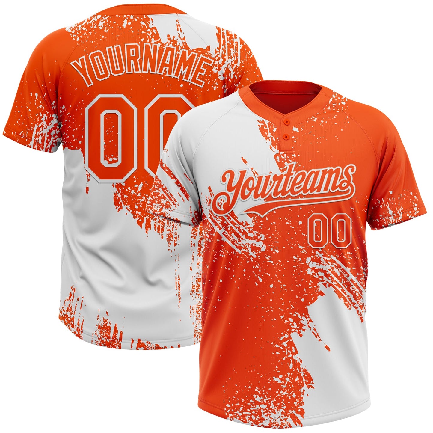 Custom White Orange 3D Pattern Abstract Brush Stroke Two-Button Unisex Softball Jersey - Main View
