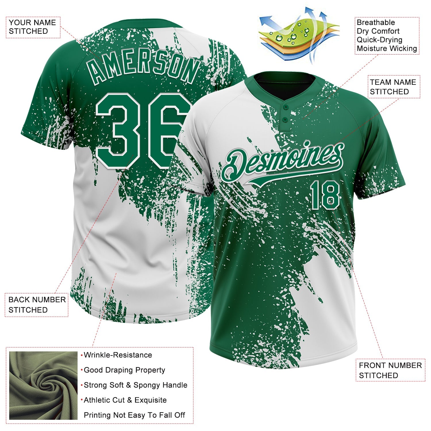 Custom White Kelly Green 3D Pattern Abstract Brush Stroke Two-Button Unisex Softball Jersey view 3