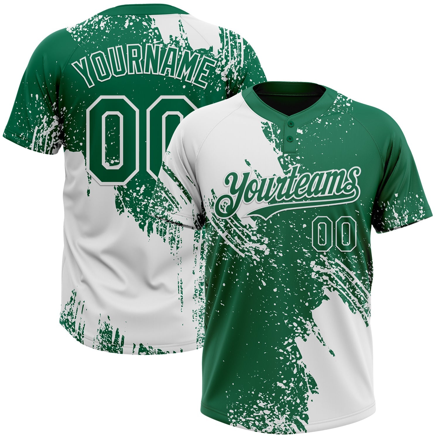 Custom White Kelly Green 3D Pattern Abstract Brush Stroke Two-Button Unisex Softball Jersey - Main View