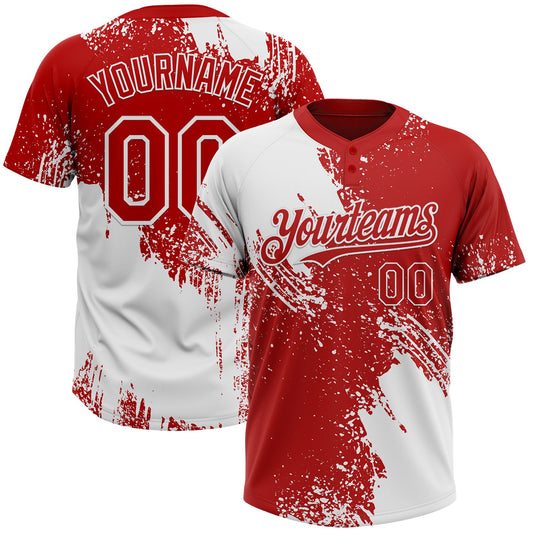Custom White Red 3D Pattern Abstract Brush Stroke Two-Button Unisex Softball Jersey - Main View