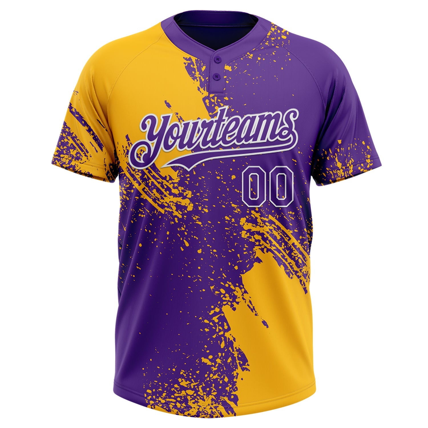 Custom Gold Purple-White 3D Pattern Abstract Brush Stroke Two-Button Unisex Softball Jersey view 2