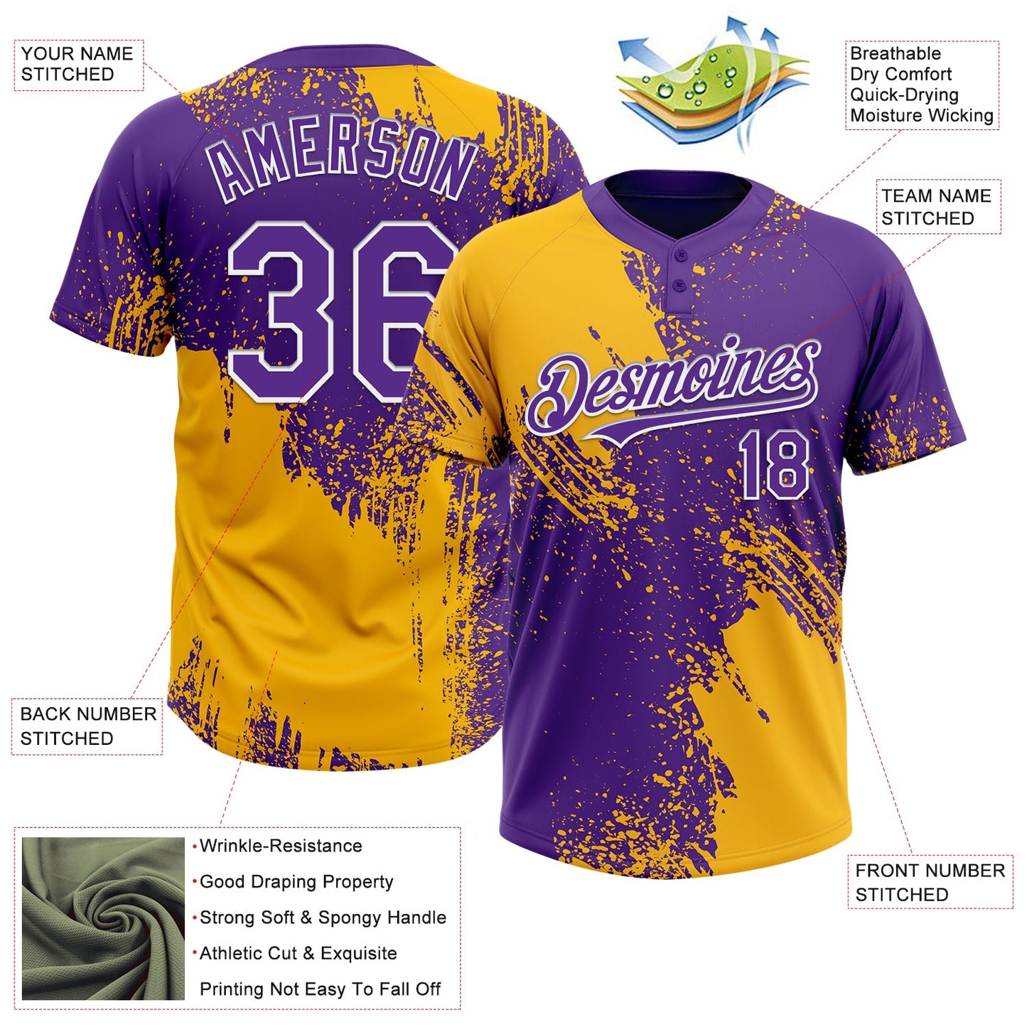 Custom Gold Purple-White 3D Pattern Abstract Brush Stroke Two-Button Unisex Softball Jersey view 3