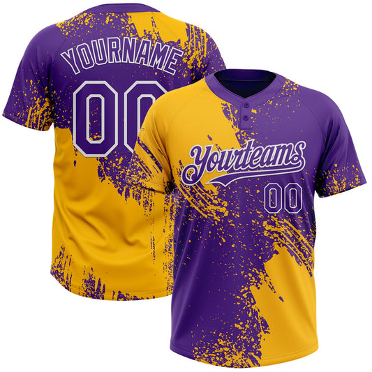 Custom Gold Purple-White 3D Pattern Abstract Brush Stroke Two-Button Unisex Softball Jersey - Main View