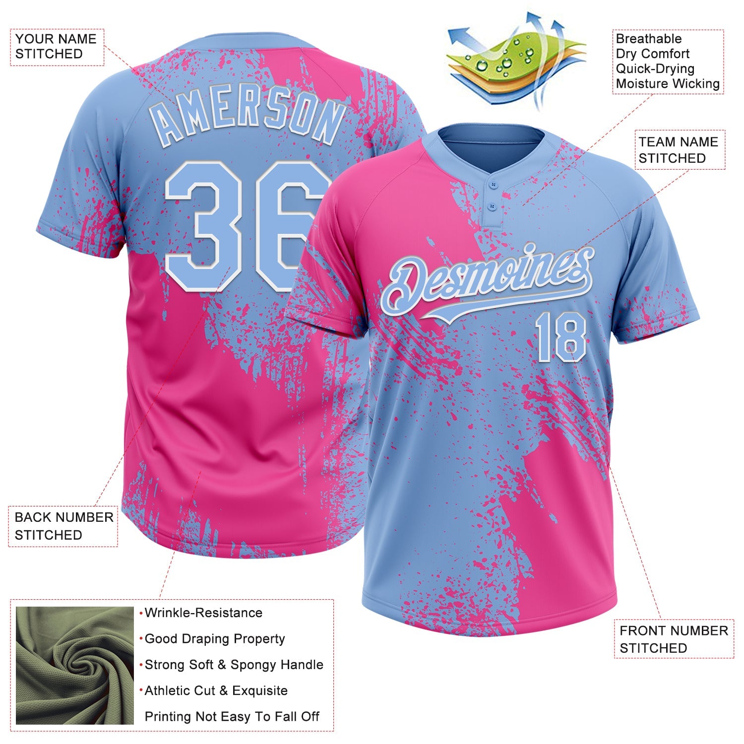 Custom Pink Light Blue-White 3D Pattern Abstract Brush Stroke Two-Button Unisex Softball Jersey view 3