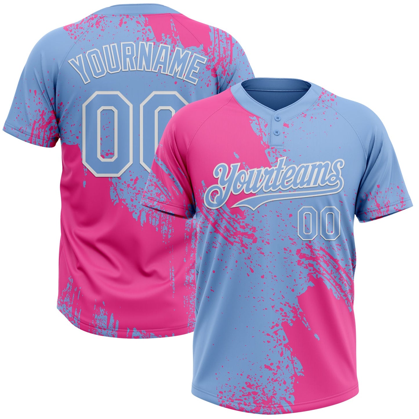 Custom Pink Light Blue-White 3D Pattern Abstract Brush Stroke Two-Button Unisex Softball Jersey - Main View